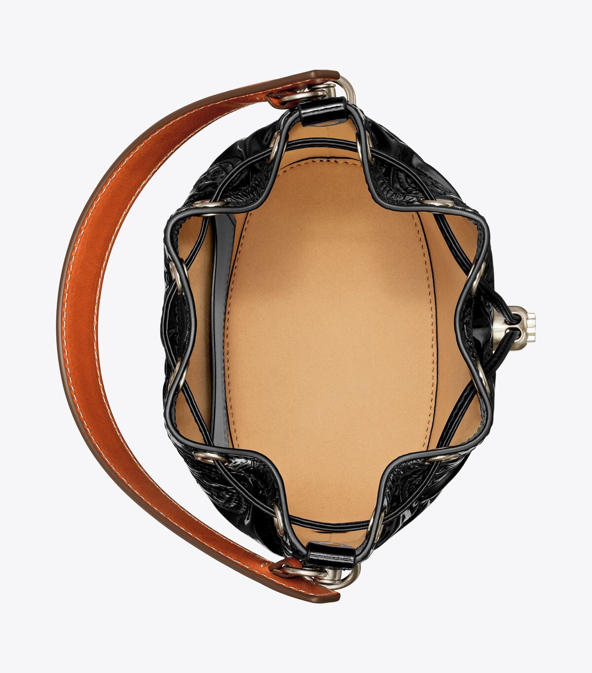 tory burch t monogram embroidered patent bucket bag