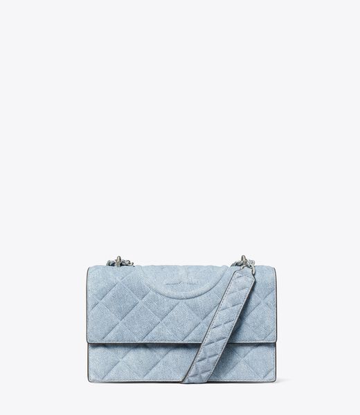 tory burch small fleming denim print suede shoulder bag