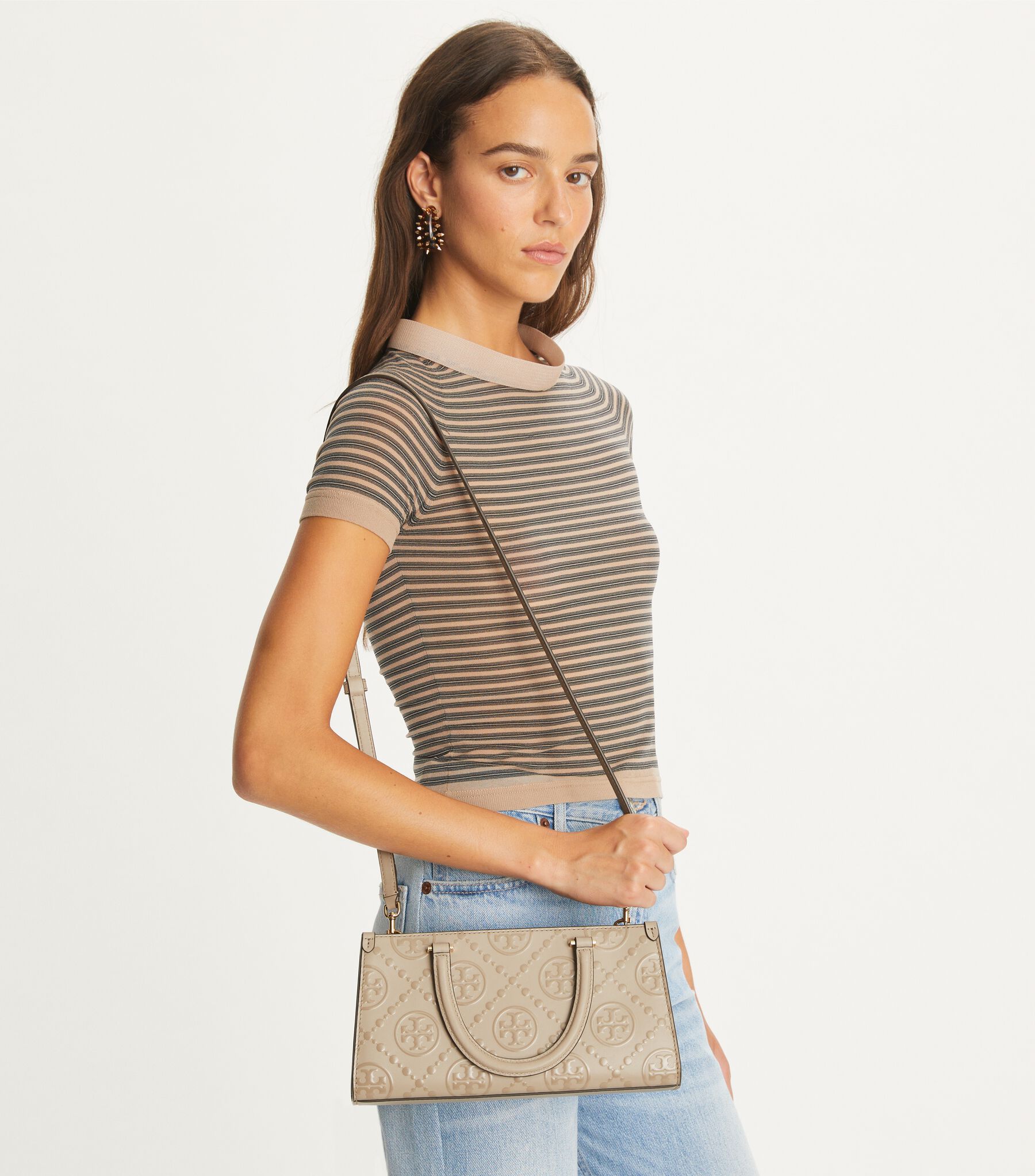 T Monogram Embossed Small Rectangular Tote, Fresh Clay | Tory 