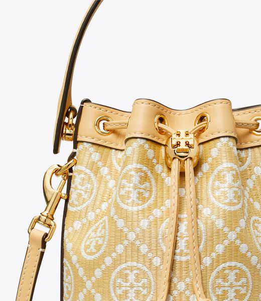 tory burch t monogram raffia mini bucket bag