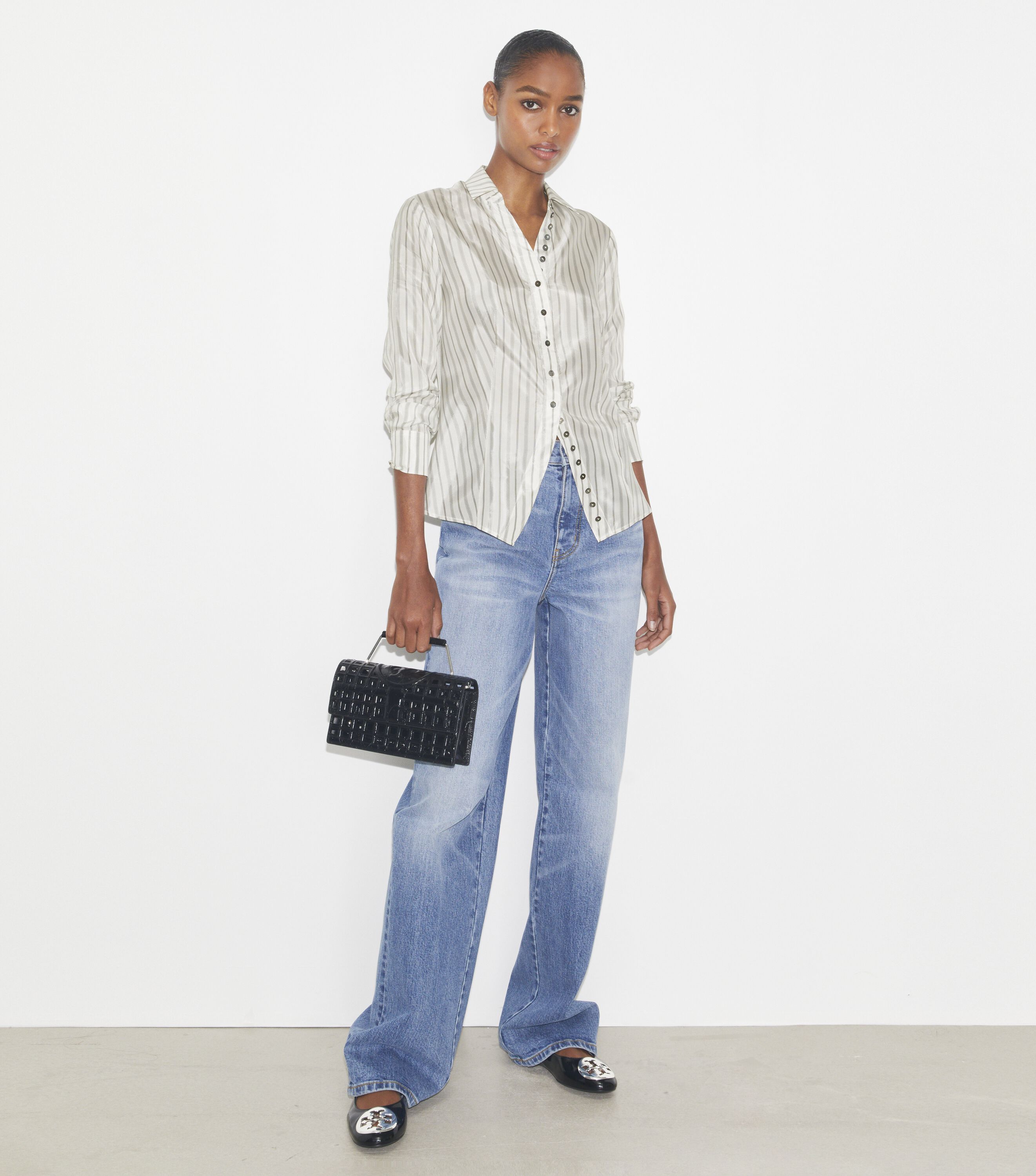 Cinched Shirt, White/Gray/Black Helios Striped Lining | Tory