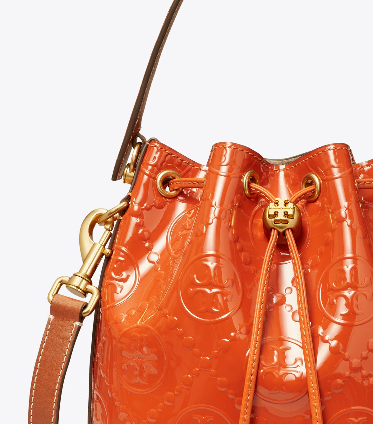 tory burch t monogram patent embossed bucket bag