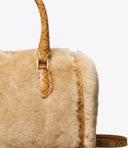 tory burch t monogram shearling petite barrel bag
