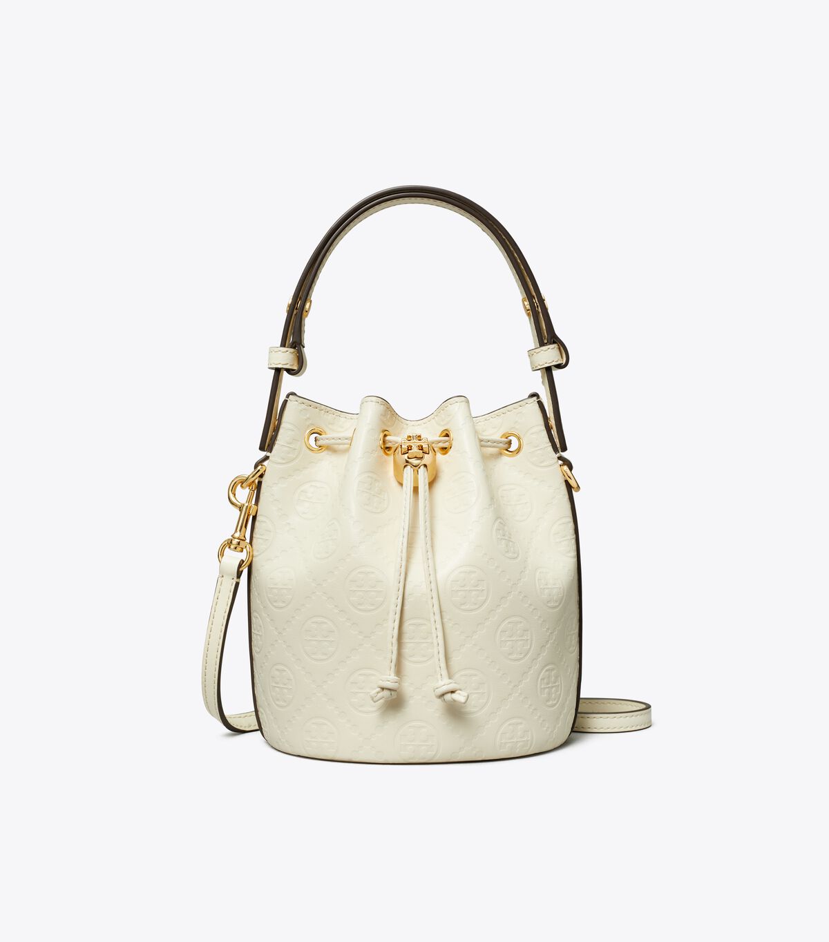 tory burch حقيبة دلو تي مونوغرام صغيرة جلدية