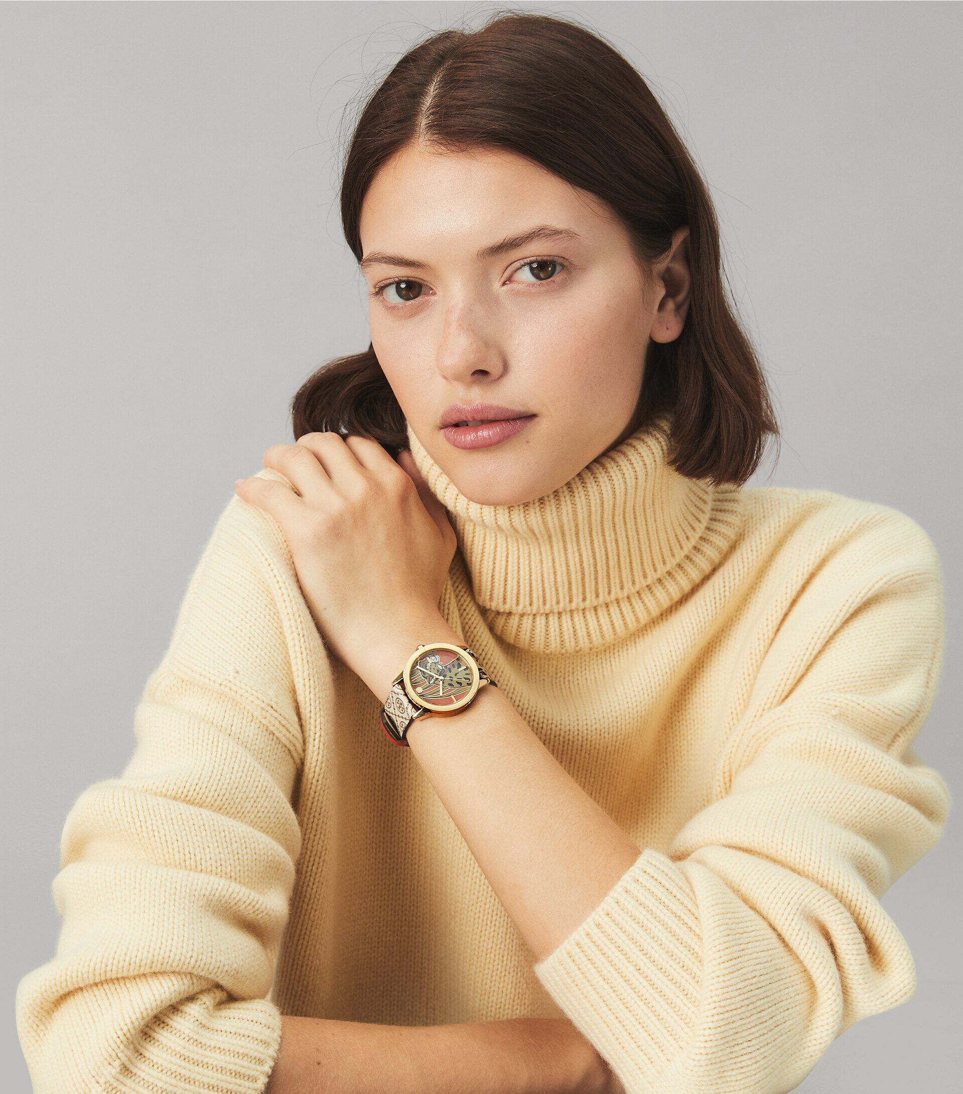 T MONOGRAM GIGI WATCH PRINTED LEATHER GOLD TONE STAINLESS STEEL