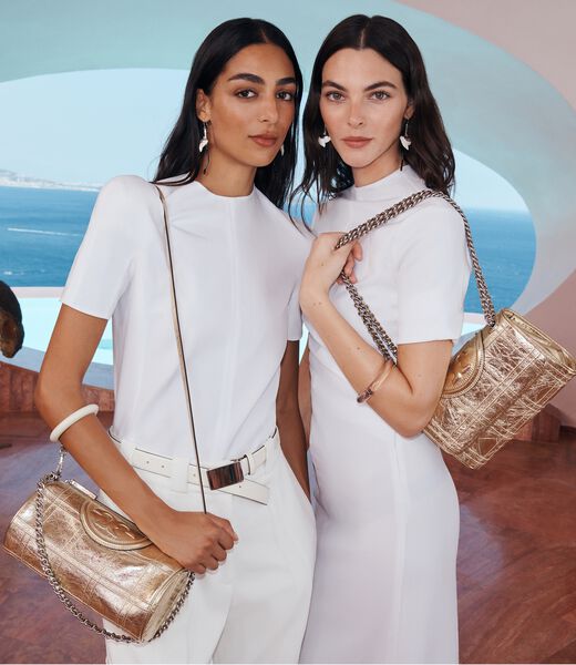 tory burch fleming metallic soft barrel bag
