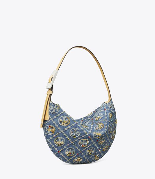 tory burch حقيبة بالون صغيرة مزينة بنقشة حرف t من قماش الدنيم