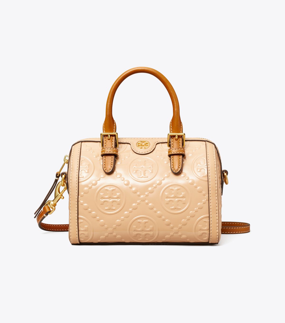 tory burch t monogram patent embossed petite barrel bag