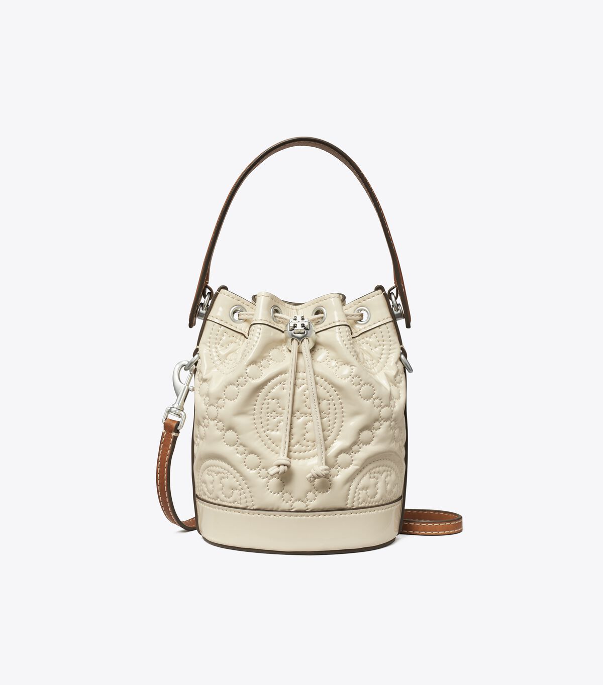 tory burch mini t monogram embroidered patent bucket bag