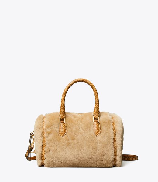 tory burch t monogram shearling petite barrel bag