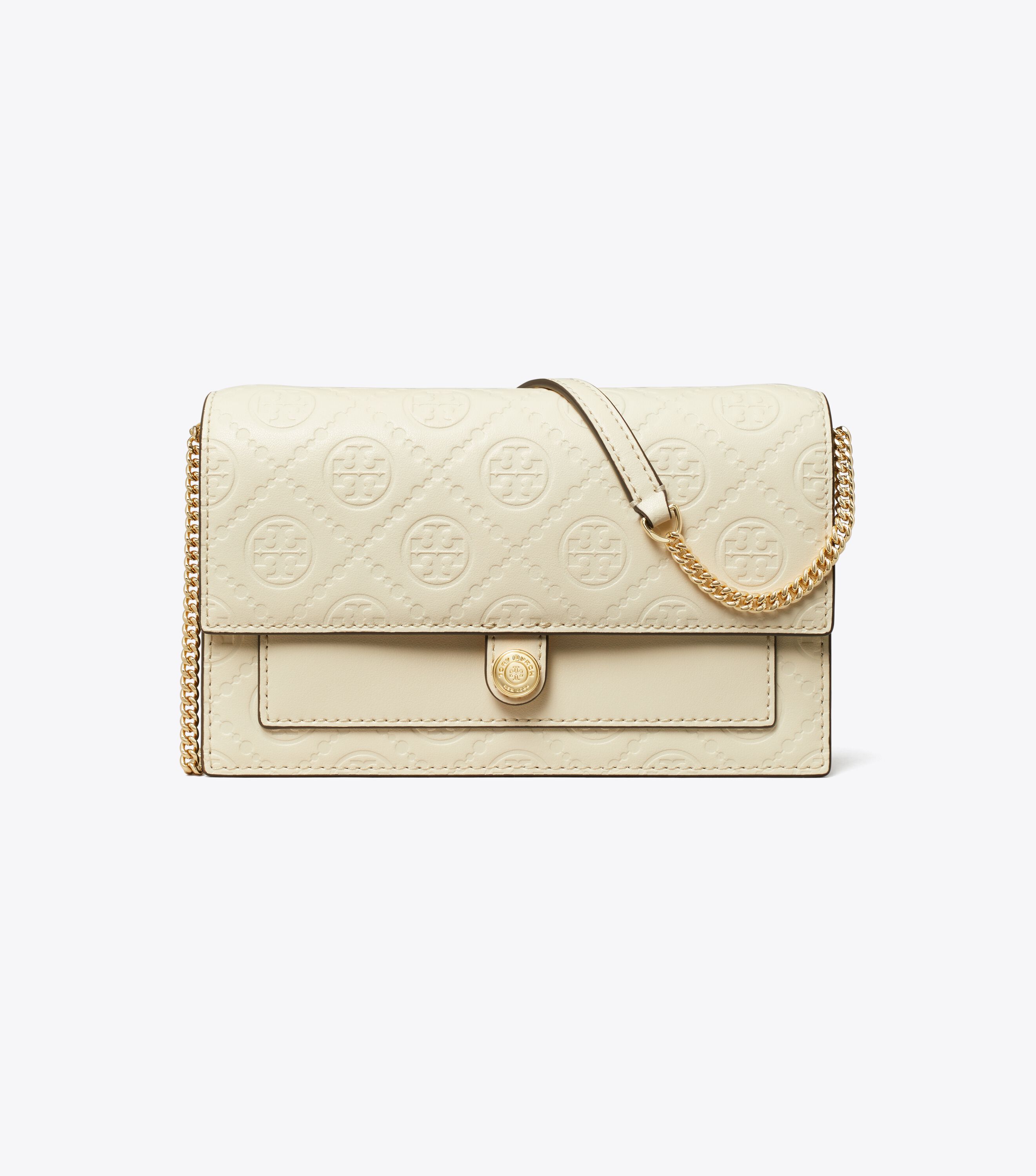 T Monogram Leather Chain Wallet, Light Cream | Tory Burch UAE