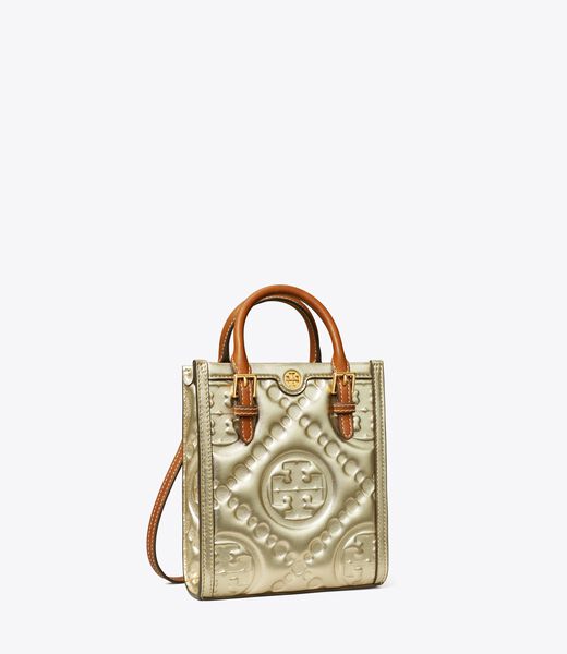 T Monogram Embossed Metallic Mini Tote