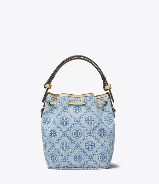 tory burch t monogram denim mini bucket bag