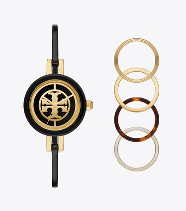Reva Bangle Watch Gift Set, Black/Gold Stainless Steel/Multi-Color, 29 Mm