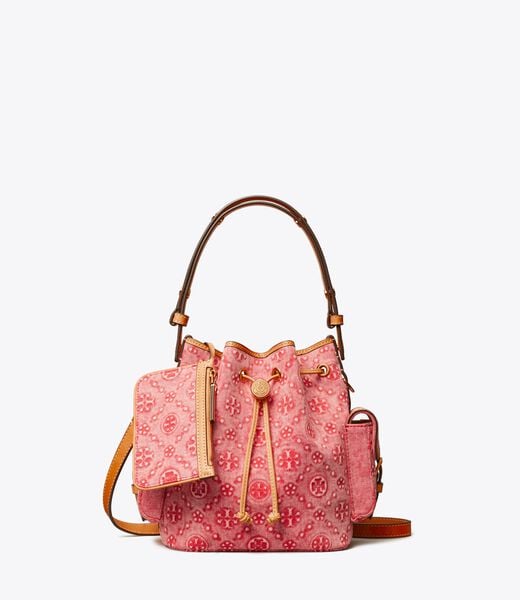 tory burch t monogram denim bucket bag