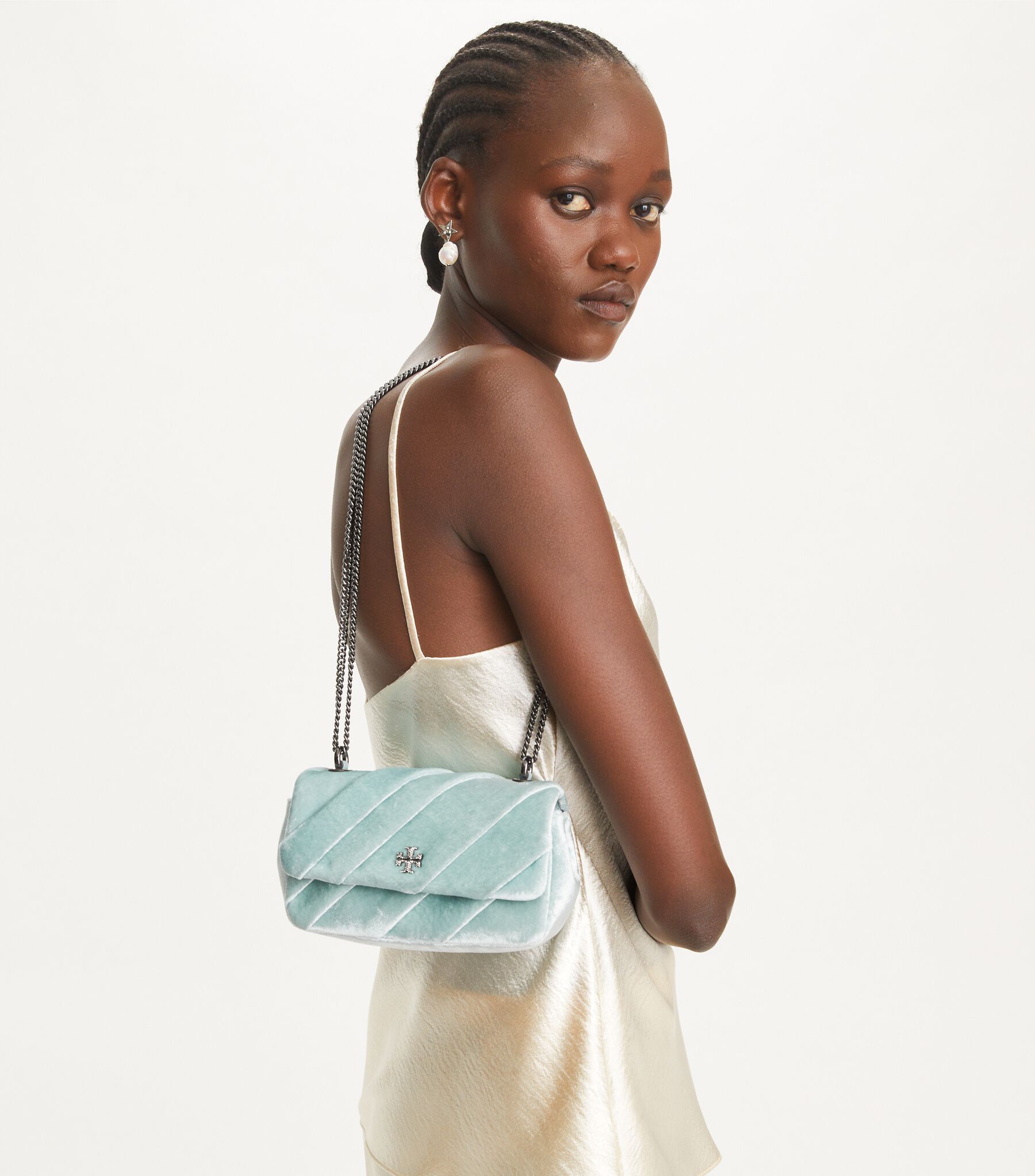 Mini Kira Draped Velvet Flap Bag, Geyser Tory Burch UAE