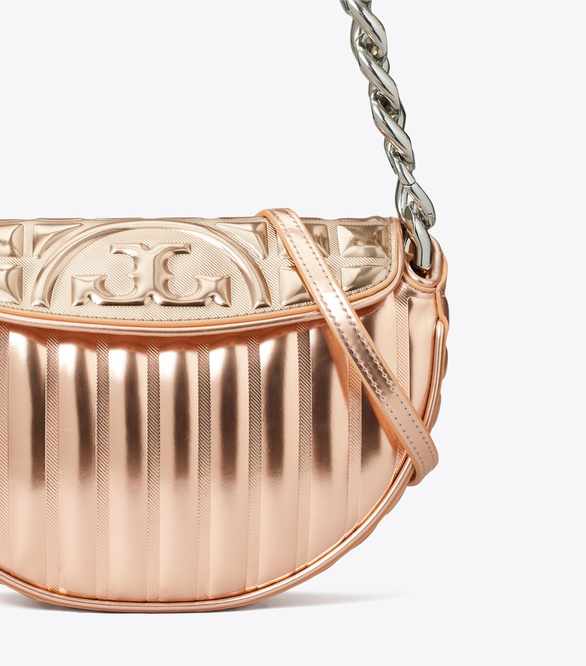 tory burch mini fleming soft metallic quilt crescent bag
