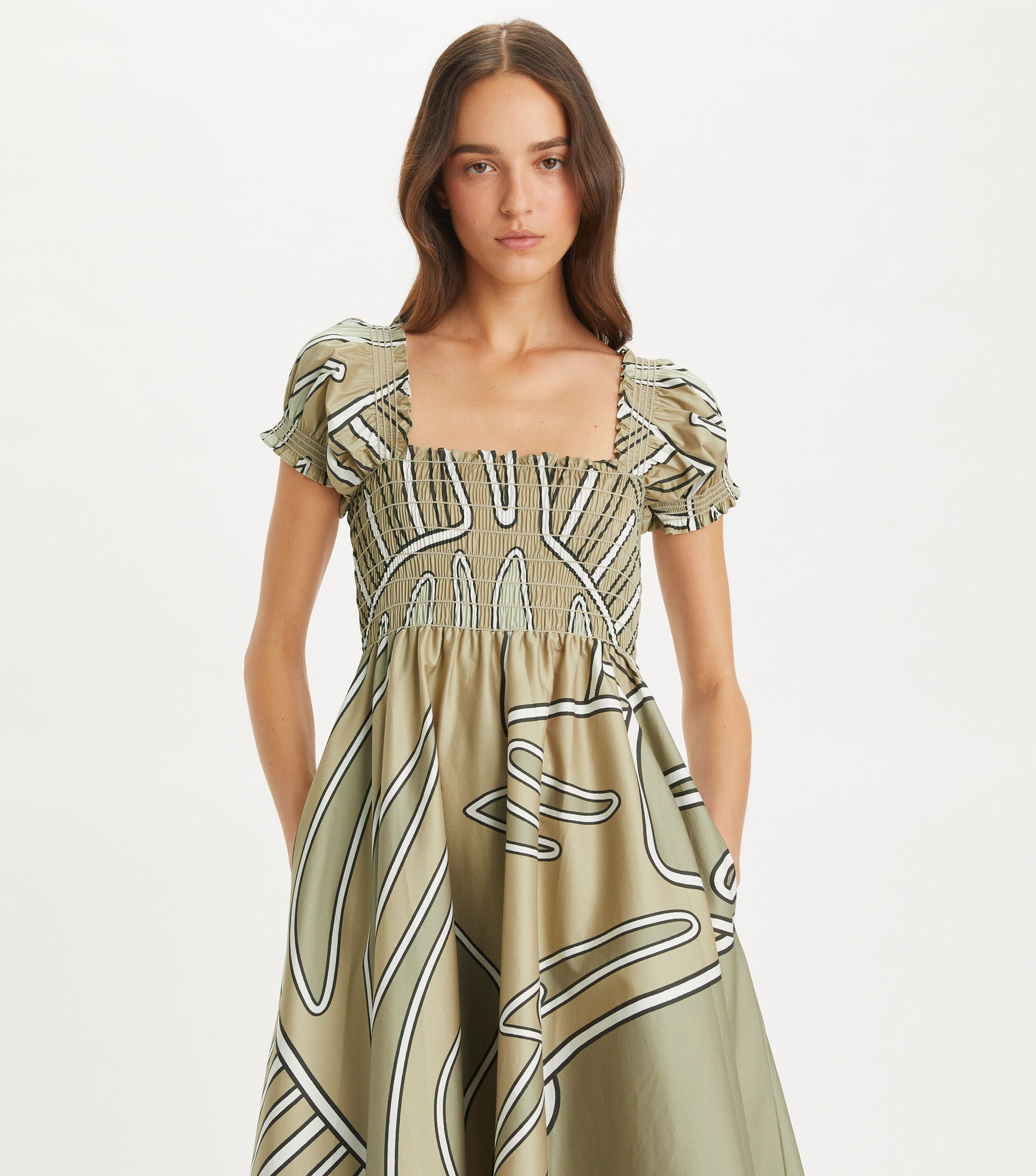 Print Smocked Cotton Dress Caftans Dresses Tory Burch