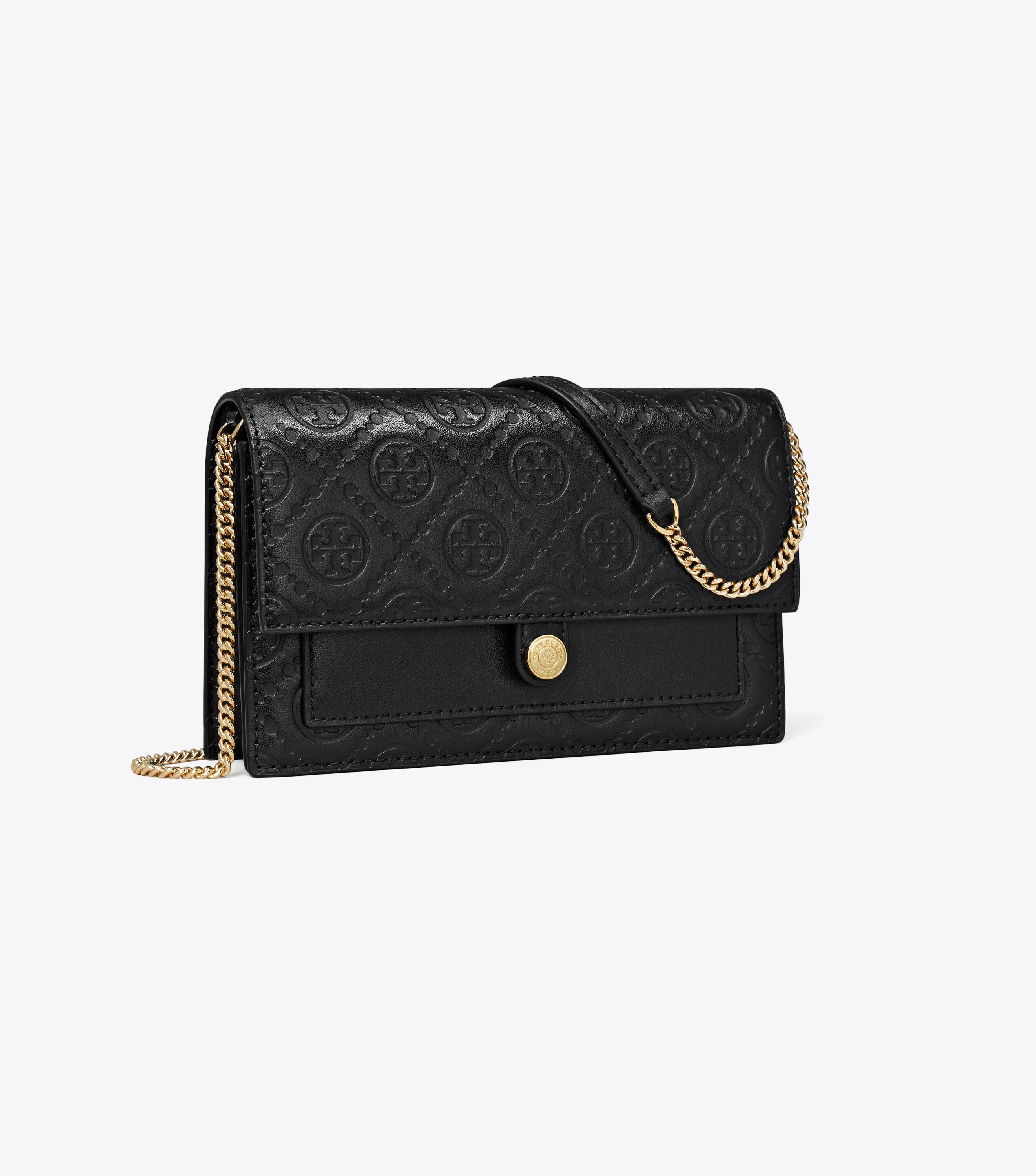 T Monogram Leather Chain Wallet, Black | Tory Burch UAE