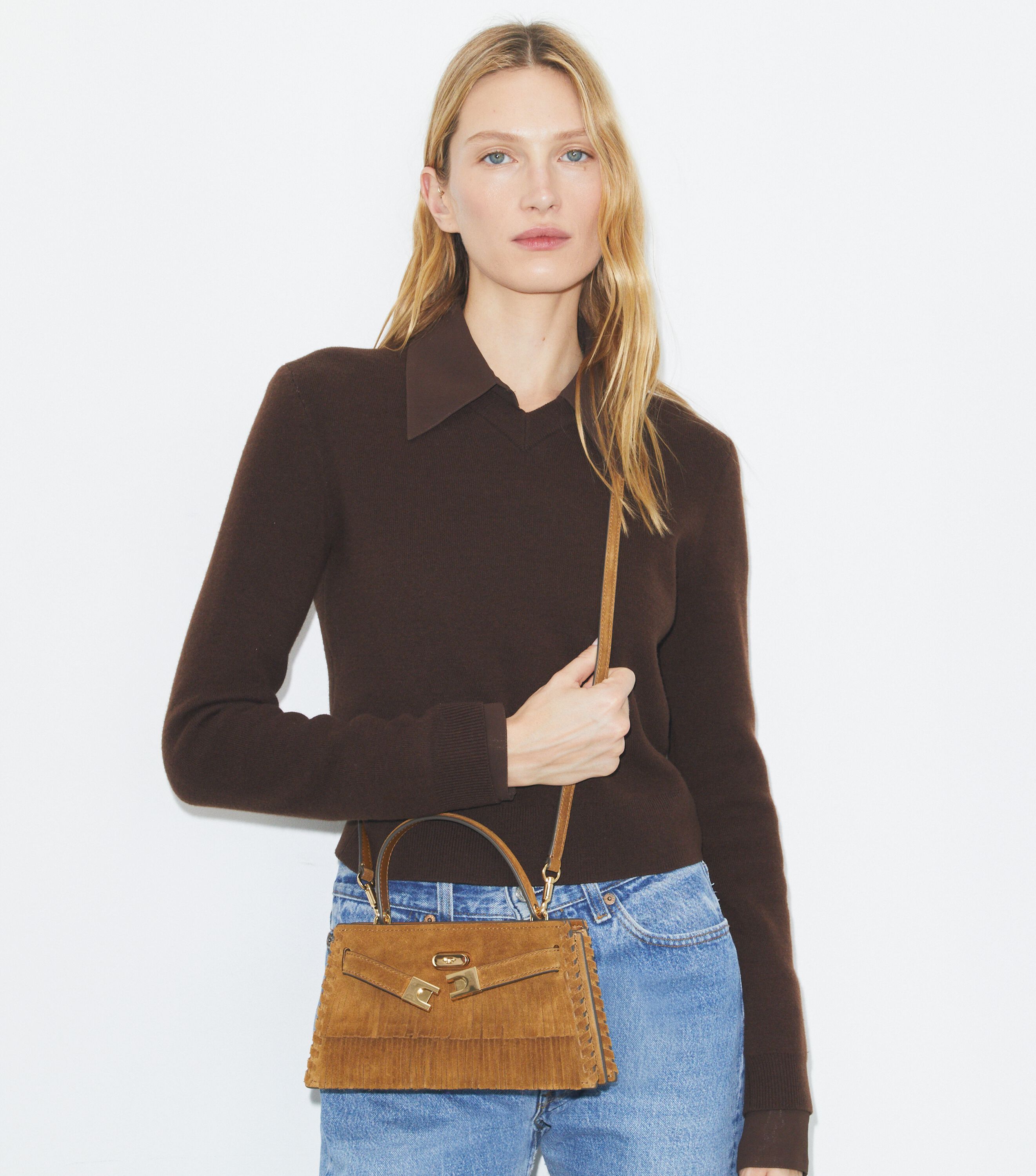 Mini Lee Radziwill Suede Fringe Top-Handle Bag, Wild Tabacco