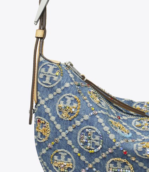 tory burch حقيبة بالون صغيرة مزينة بنقشة حرف t من قماش الدنيم