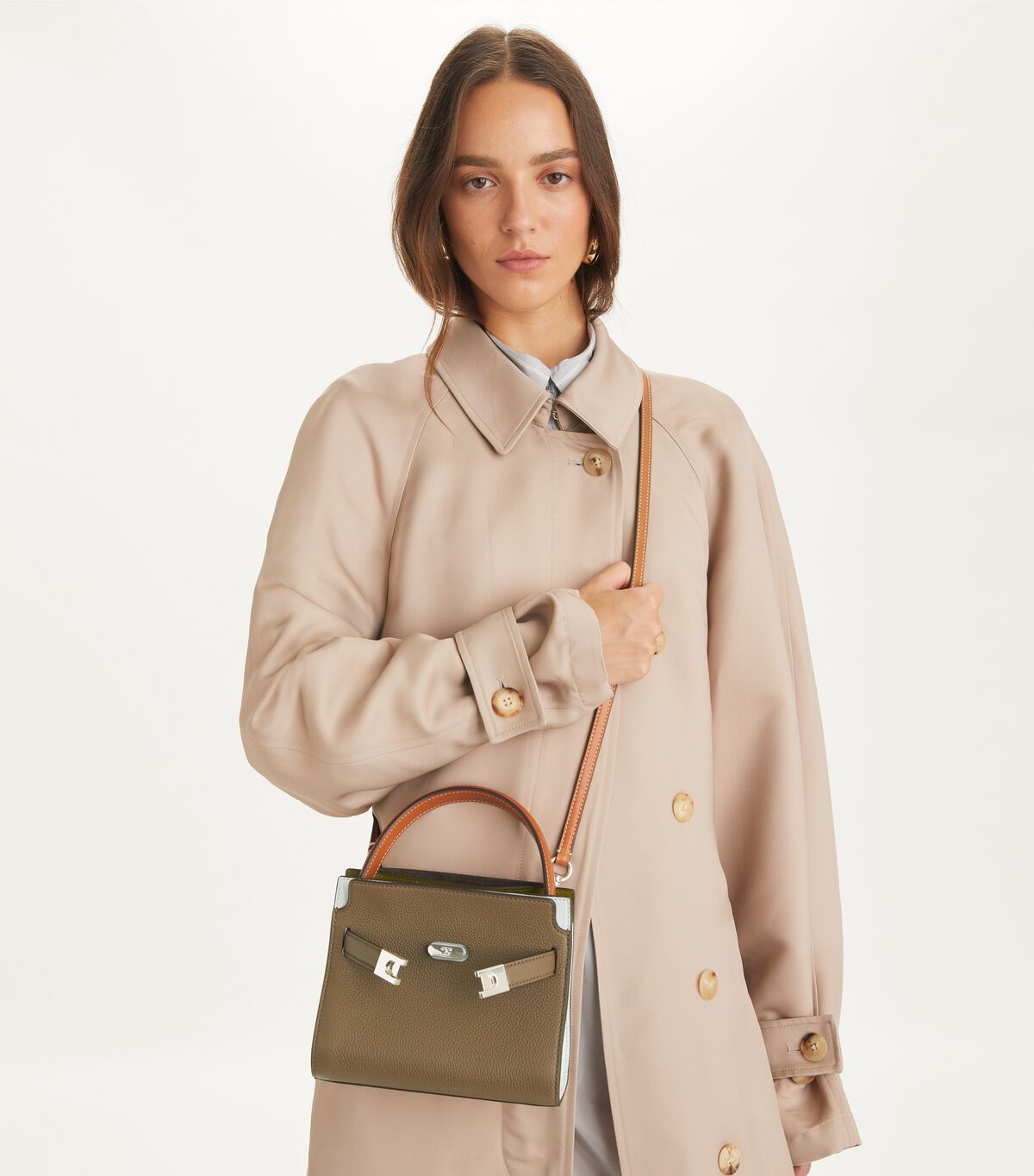 Petite Lee Radziwill Colorblock Pebbled Double Bag, Wild Mushroom 