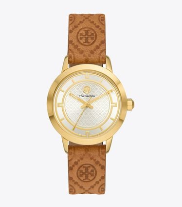 T MONOGRAM TORY WATCH, LUGGAGE LEATHER/GOLD-TONE STAINLESS STEEL, 32 X 42MM