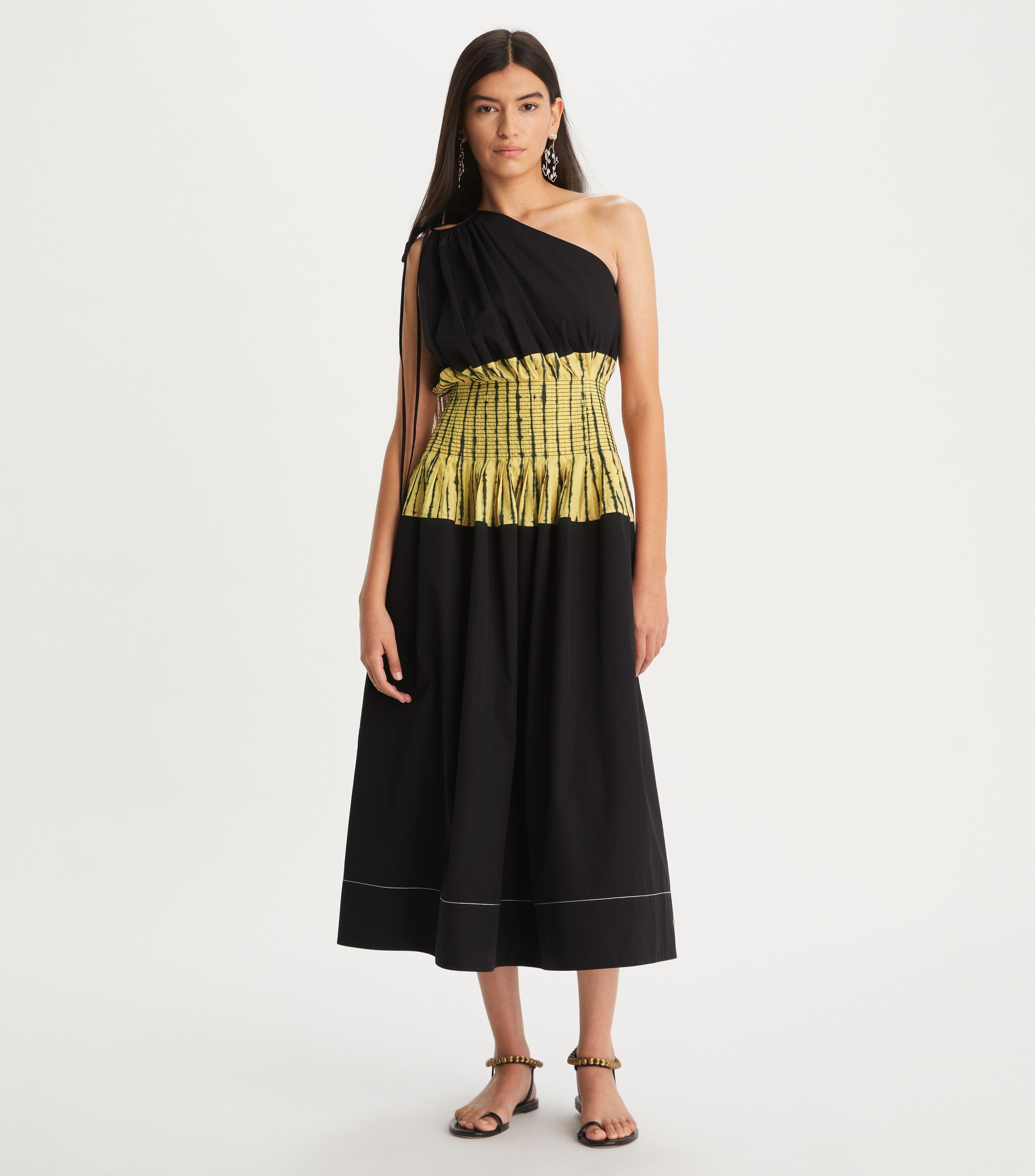 Tie-Dye Stripe Colorblock One-Shoulder Dress, Black | Tory Burch UAE