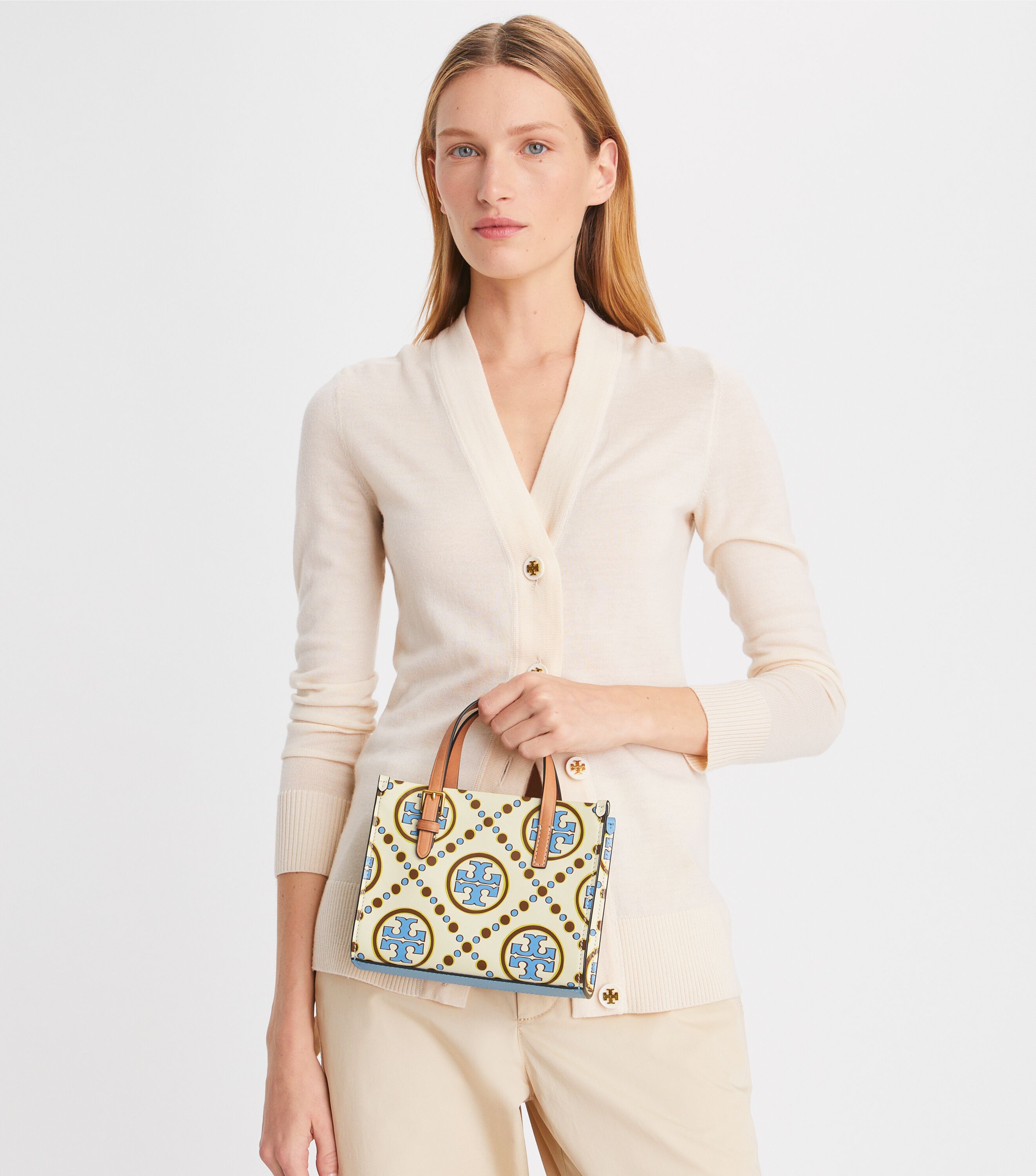 Mini T Monogram Contrast Embossed Square Tote Handbags Tory Burch
