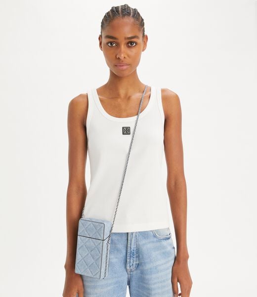 tory burch fleming denim print suede phone crossbody