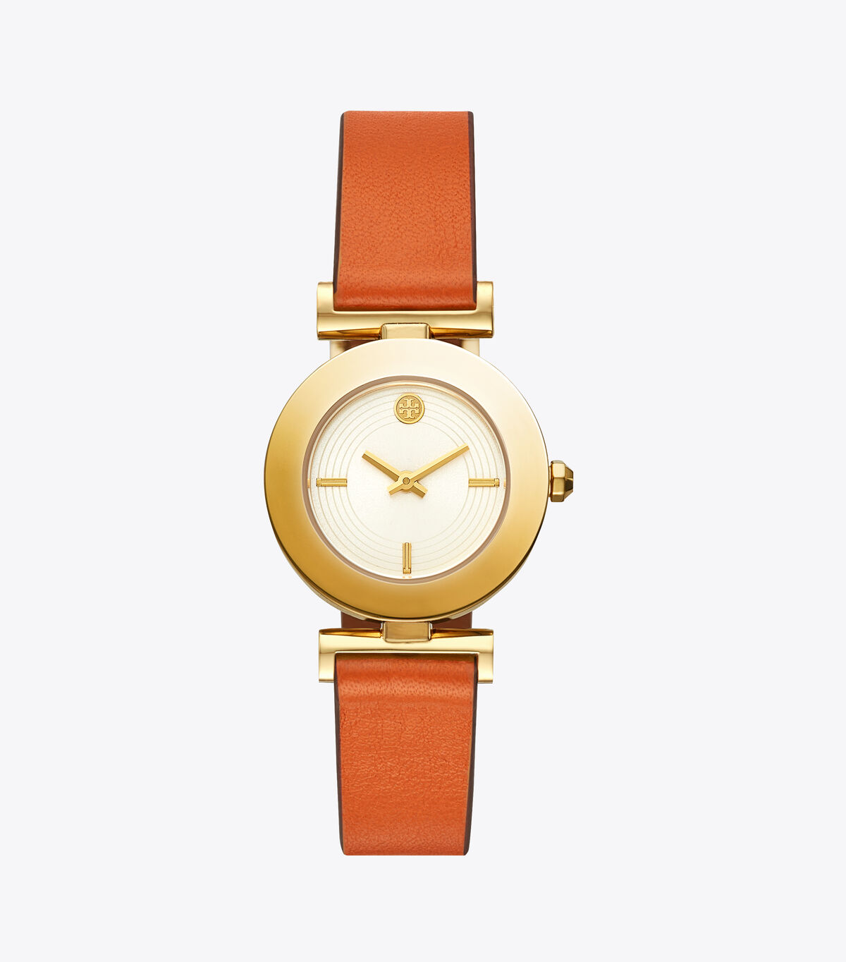 tory burch sawyer twist round watch brown orange leather gold tone 29 x 29 mm