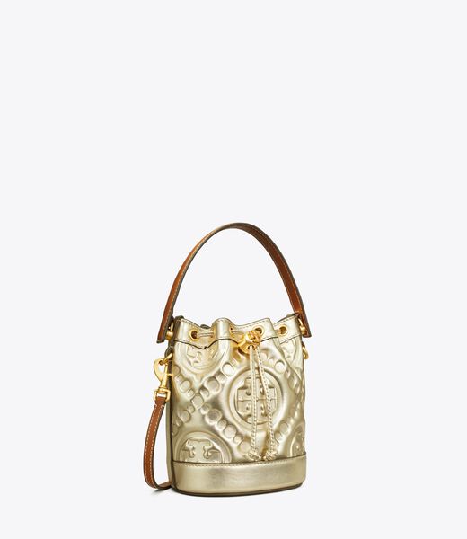T Monogram Embossed Metallic Mini Bucket Bag