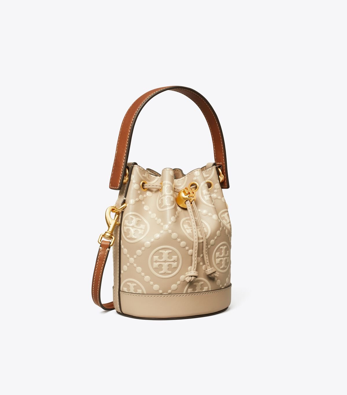 tory burch t monogram contrast embossed mini bucket bag