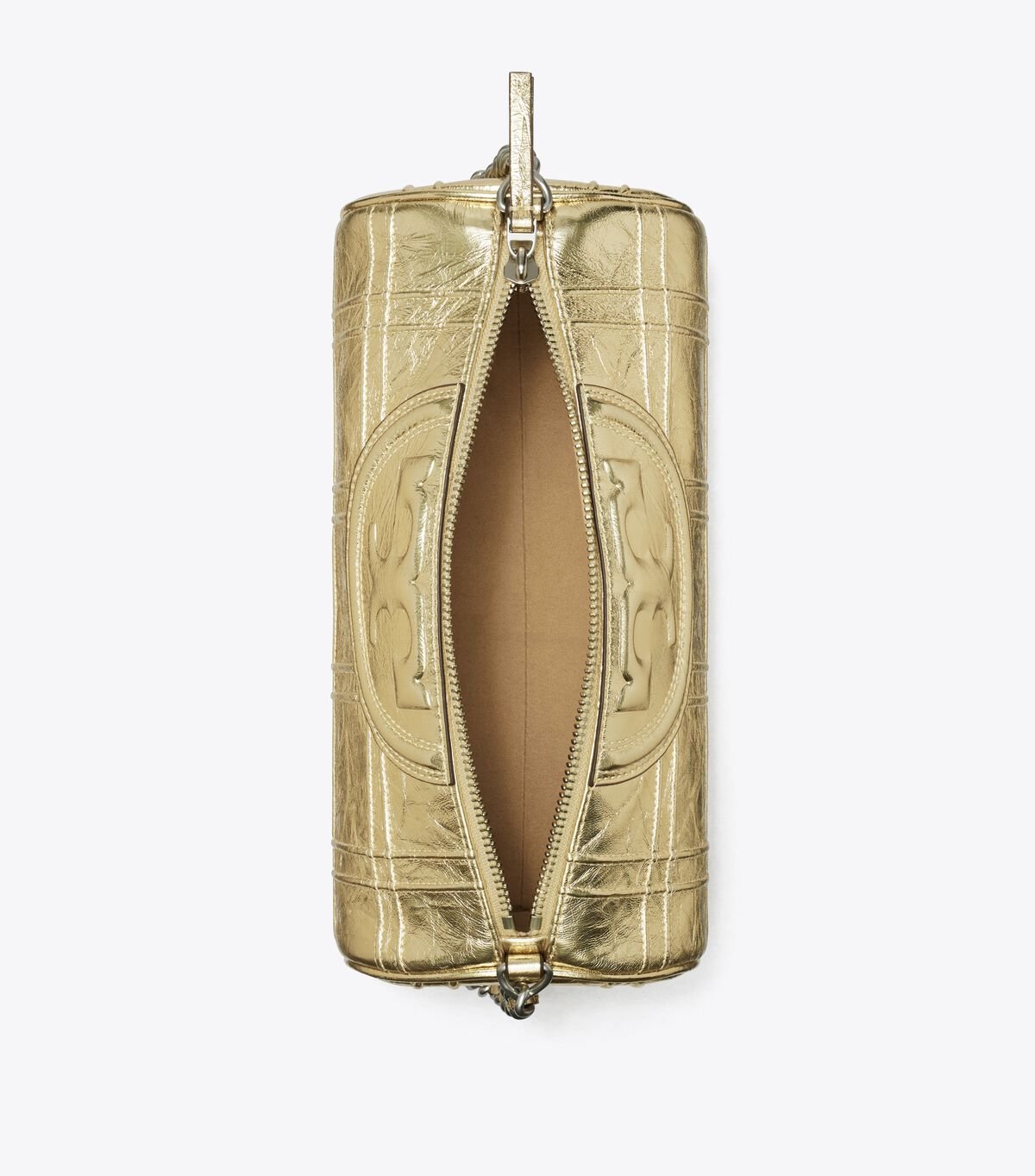 tory burch fleming metallic soft barrel bag