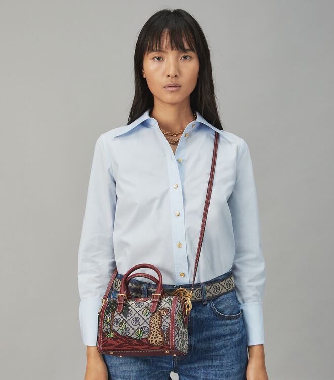 T Monogram Embroidered Mini Barrel | Tory Burch Navigation | Tory Burch