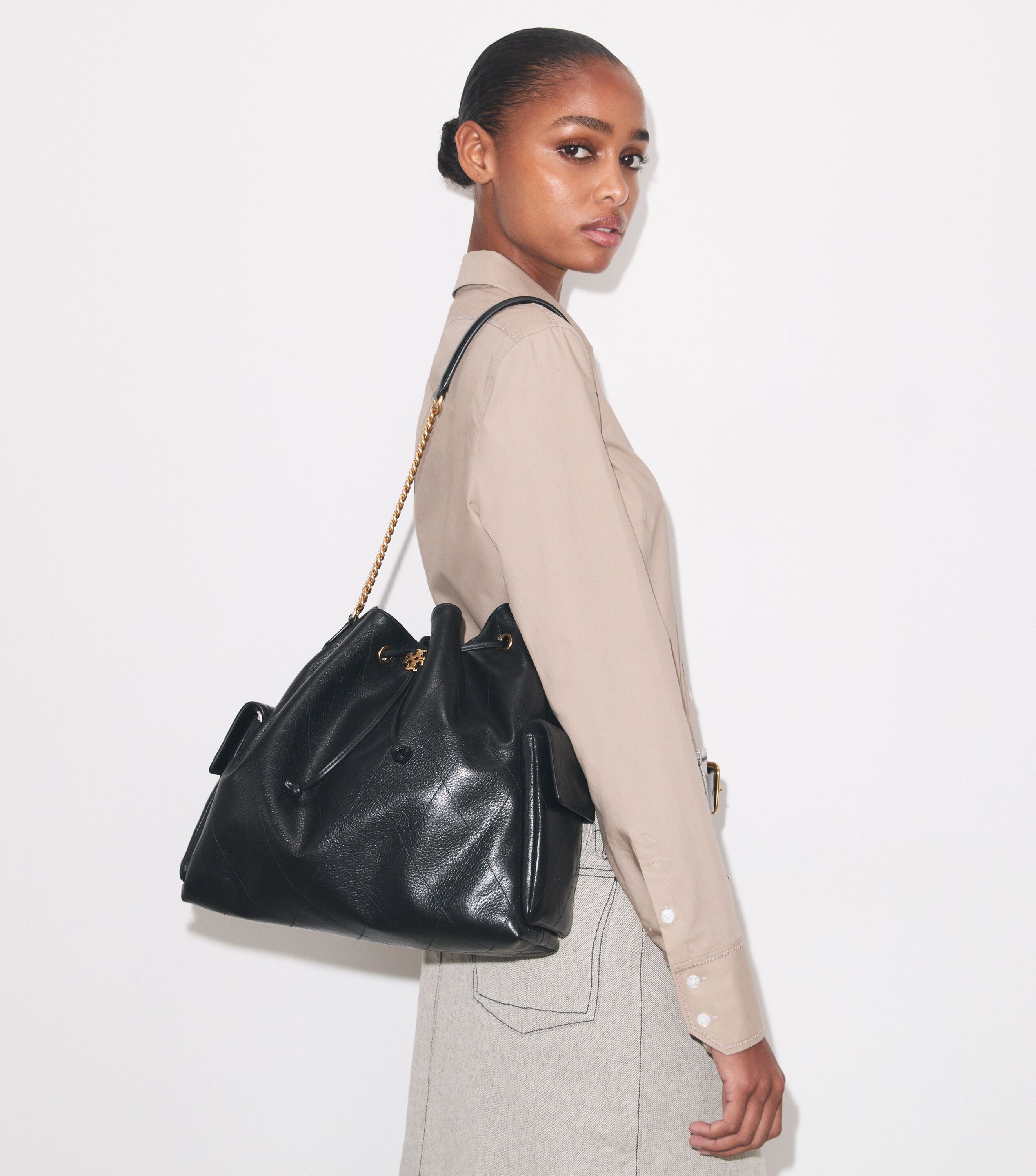 Large Charlie Quilted Drawstring Shoulder Bag, Black | Tory Burch UAE