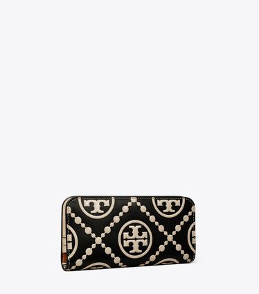 T Monogram Contrast Embossed Zip Slim Wallet