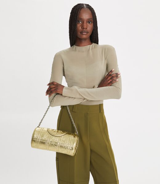 tory burch fleming metallic soft barrel bag