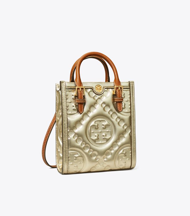 T Monogram Embossed Metallic Mini Tote