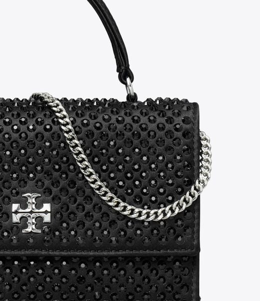 tory burch mini kira satin embellished top handle chain wallet