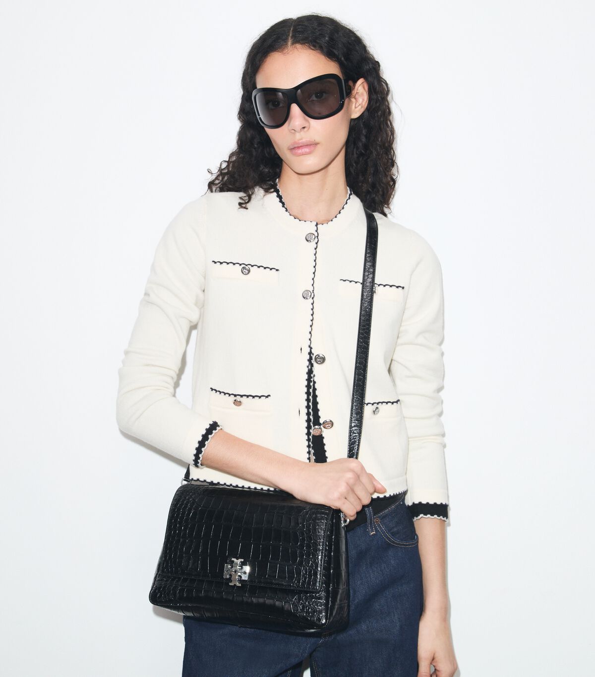 tory burch حقيبة كتف تشارلي منقوش عليها جلد التمساح