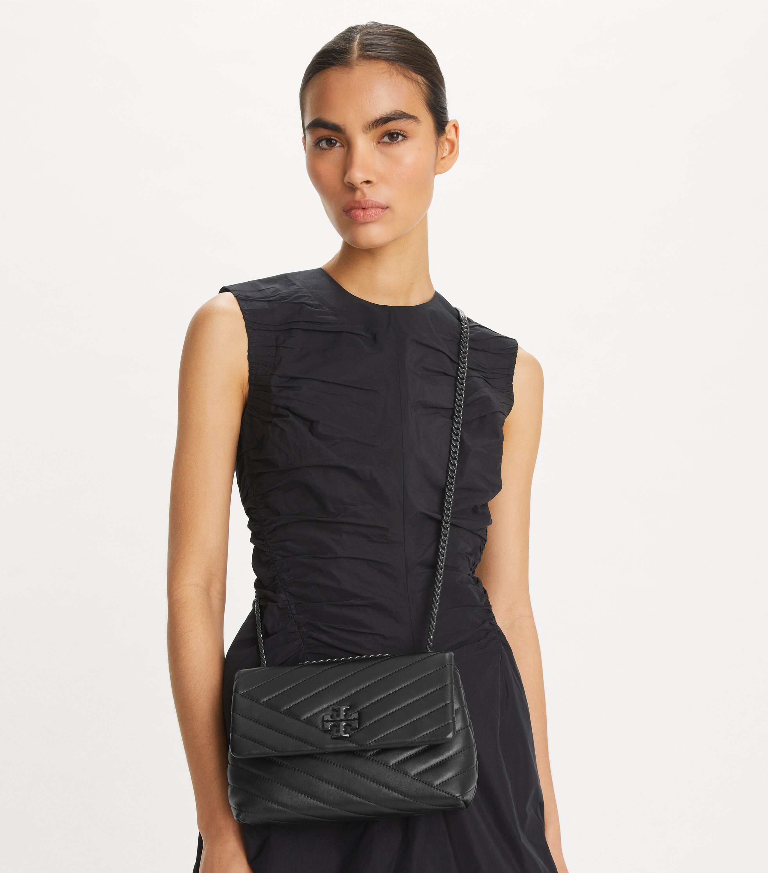 Small Kira Chevron Convertible Shoulder Bag , Black / Silver