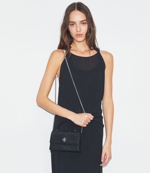 tory burch mini kira satin embellished top handle chain wallet