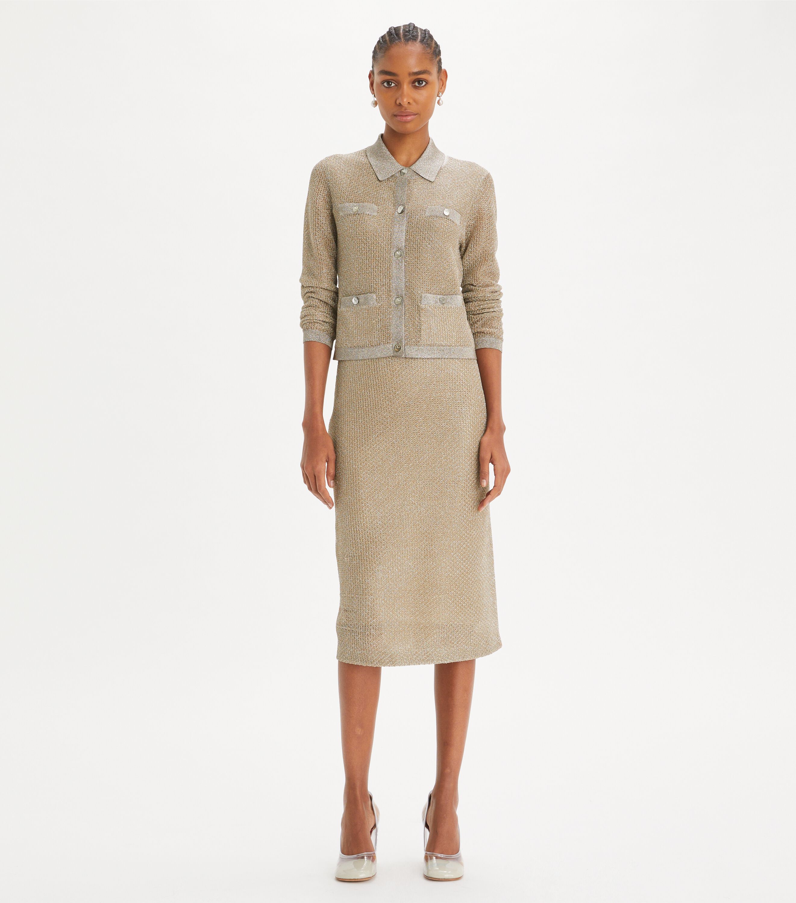 メイフラワー Tory Burch ニット チュニック Kendra Mesh Cardigan, Starlight Titanium | Tory Burch UAE