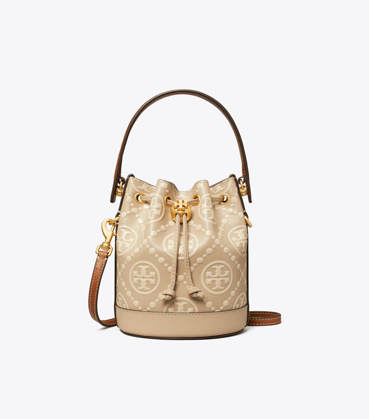 tory burch t monogram contrast embossed mini bucket bag