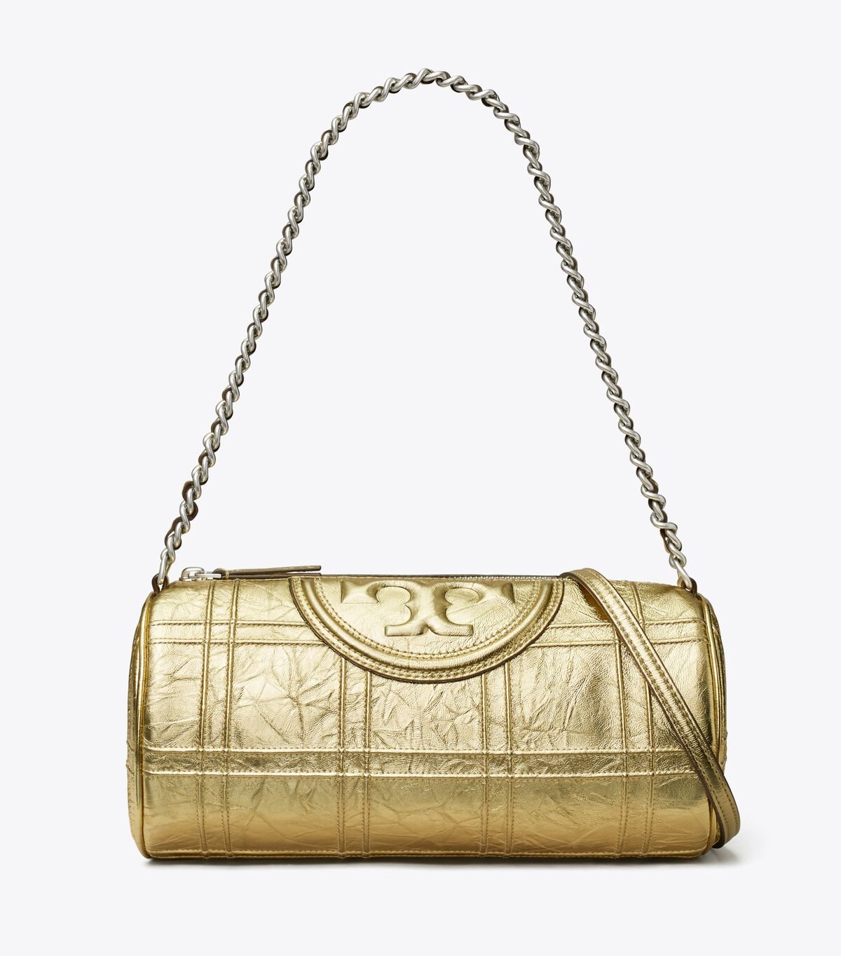 tory burch fleming metallic soft barrel bag