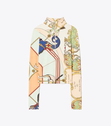 Printed Cropped Half-Zip Long-Sleeve Top