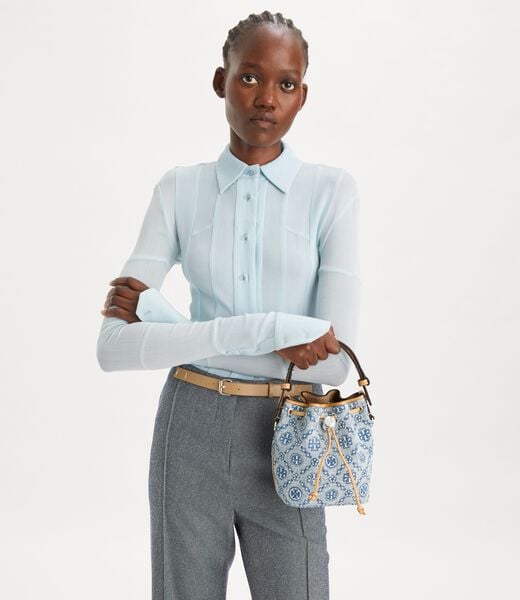 tory burch t monogram denim mini bucket bag