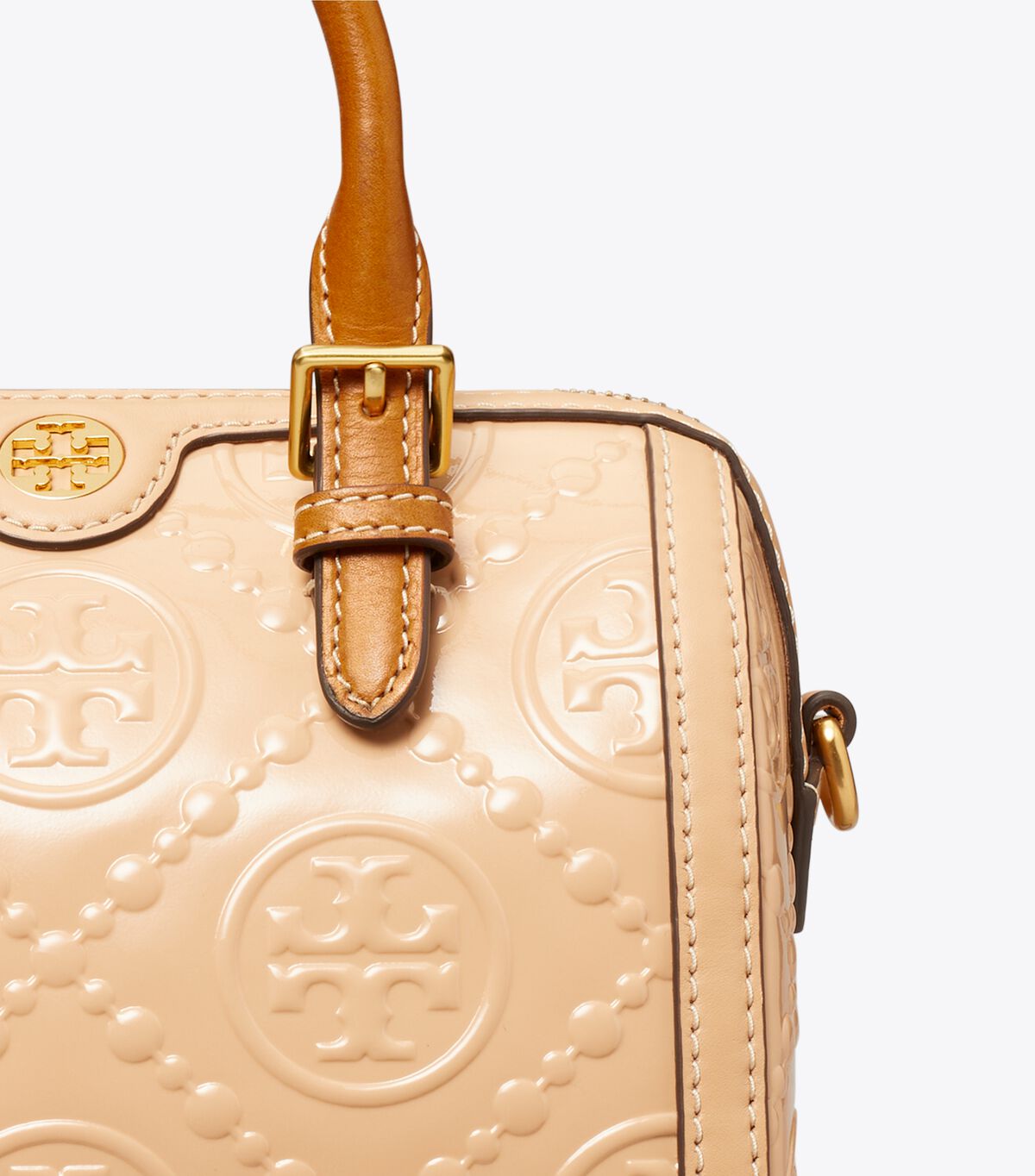tory burch t monogram patent embossed petite barrel bag