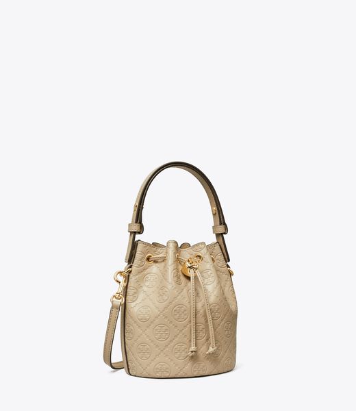 tory burch t monogram leather mini bucket bag